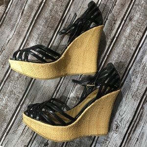 Chinese Laundry Black Tan Strap Shoes Wedges 7M